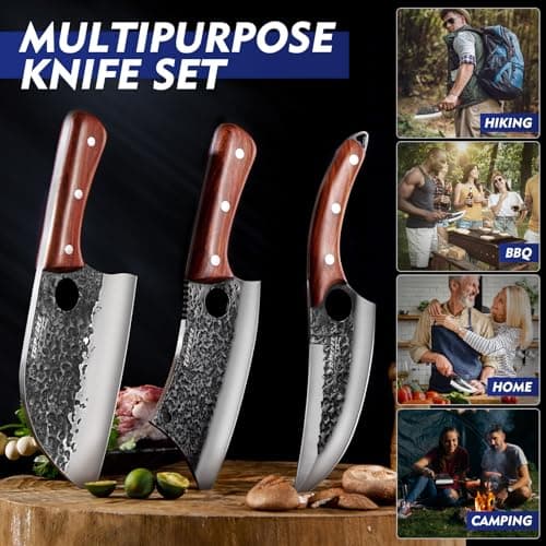 Topfeel 3PCS Butcher Knife Set, Hand Forged Serbian Chef Knives & Meat Cleaver & Viking Knives, Meat Cutting Kitchen Knife Set for Home, Outdoor Cooking, Camping BBQ Gift Idea Men - Thumbnail 3