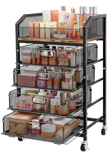 SUNALLY Makeup Organizer Cart with 4 Drawers, Rolling Makeup Storage Cart Metal Skincare Organizers, Large Vanity Storage Organizer Cosmetics Display Cases for Skin Care Perfume Nail Polish, Black