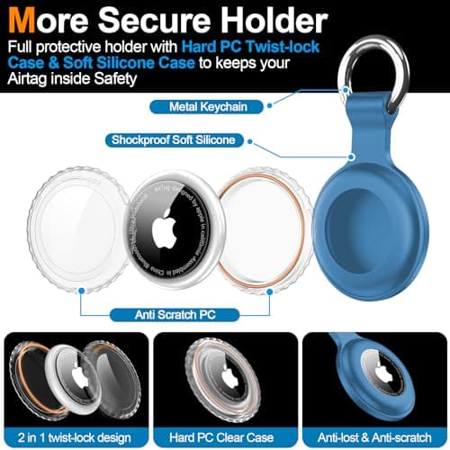 4Pack,Compatible with Airtag Holder Case with Keychain IPX8 Waterproof,Shockproof GPS Tag Tracker Cover [Anti-Scratch] [PC+Silicone] for Item Finders Case for Pets,Kids,Luggages-Black/Blue/Green/Red - Thumbnail 3