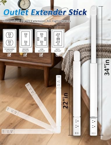 Eletrical Outlet Extender Stick 22"-34" Vertical Power Socket Expander with 2 AC Outlets, USB-A,USB-C Ports,180° Rotating Wall Outlet Extender for Hard-to-Reach Extension Cord Extender Behind Sofa - Thumbnail 4