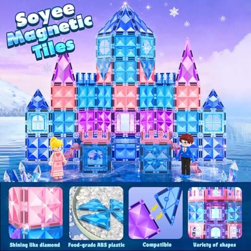 Magnetic Tiles 102pcs with 2 Stairs 2 Dolls Princess Castle Building Girls Toys Age 4-5 6-8 Magnetic Blocks Birthday Xmas Gifts for Girls Toys for 3 4 5 6 7 8+ Year Old - Thumbnail 3