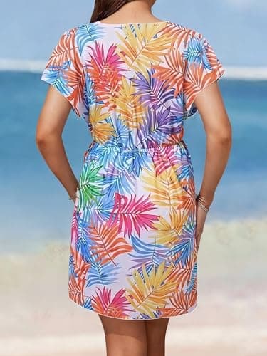 Women's Tropical Leaf Print V-Neck Beach Swim Cover-Up – Short Sleeve Loose Fit (Tropical Multicolor, XXL) - Thumbnail 4