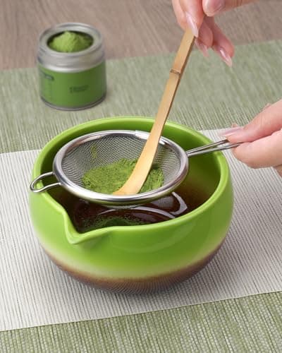 Joiish Matcha Whisk Set, Gradient Matcha Kit, Ceramic Bowl with Spout (18oz), Bamboo Whisk, Stainless Sifter, Scoop & Chasen Holder, 5-PC Complete Macha Tea Ceremony Tools (Bamboo-Green) - Thumbnail 3