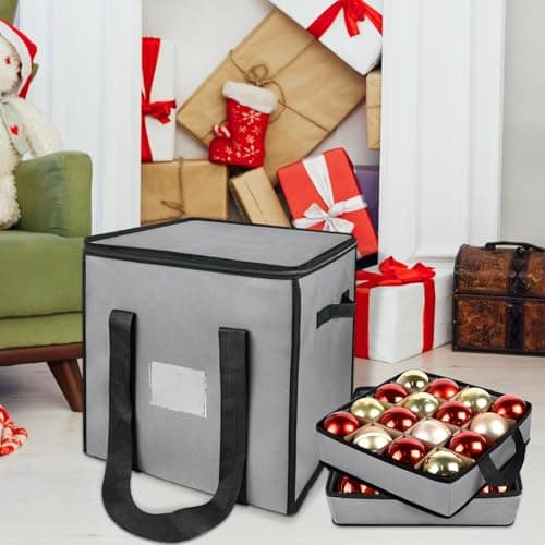 Christmas Ornament Storage Box with Dividers, Christmas Balls Storage Containers with Zipper & 4 Removable Trays - Holds Up to 64 Balls - 600D Oxford Christmas Decoration Storage Organizer (Gray) - Thumbnail 2