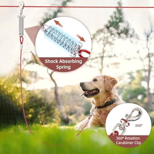 LUFFWELL 200FT Dog Runner for Yard with 15FT Tie Out Cable - Heavy Duty Dog Run Cable for Large Dogs Up to 250LBS, Backyard/Park/Camping Use (Red, 200FT+15FT) - Thumbnail 3