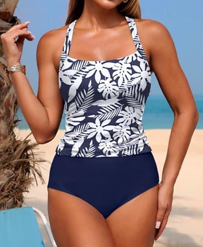 ZAFUL Tankini Swimsuits for Women Bathing Suits Ruched Full Coverage Slimming Two Piece Tummy Control Swim Suits White Blue Flower M - Thumbnail 2