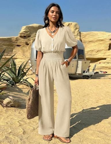 LOOKBOHO Womens Jumpsuits Short Sleeve V Neck Dressy Casual Wide Leg Pants Romper 2026 Summer One Piece Outfits - Thumbnail 6