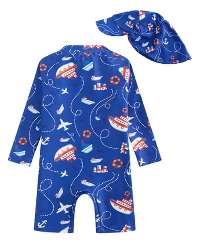 JiAmy Toddler Baby Boy Swimsuit with Sun Hat Long Sleeve Zipper Rash Guard Sun Protection Beach One Piece Bathing Suit Navy Blue 12-18 Months - Thumbnail 2