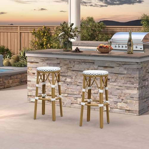 PURPLE LEAF Outdoor Round Bar Height Stool Set of 2 Patio Backless Barstools Aluminum Frame in Bamboo Finish with White & Blue Woven Rattan for Indoor Kitchen Dining Bistros Cafe Restaurant - Image 1