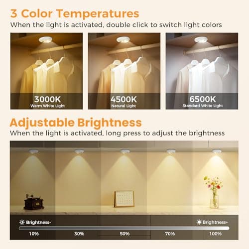 GLARESBOT Motion Sensor Puck Lights 4 Pack, USB-C Rechargeable Under Cabinet Lights, 3 Color Temperatures Dimmable Magnetic Closet Lights for Kitchen Cabinets, Pantry, Shelf, Drawer, White - Thumbnail 3