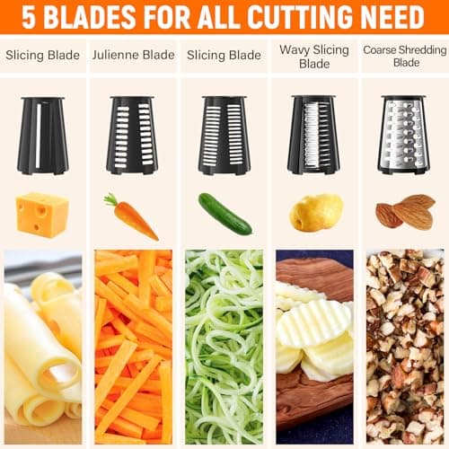 Rotary Cheese Grater Hand Crank with 5 Interchangeable Blades, Vegetable Chopper Spiralizer Slicer for Fruit Vegetable Nuts, Mandoline Slicer for Kitchen with Blades Rack & Suction Base, Black - Thumbnail 2