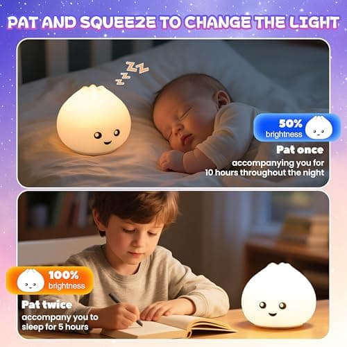 loatme Night Light for Kids, Rechargeable Dimmable Silicone LED Nightlight with 7 Colors, Baby Nursery Night Lamp, Touch Squishy Lamp, Cute Gifts for Girls, Boys, Toddler Room Decor, Dumpling - Thumbnail 4