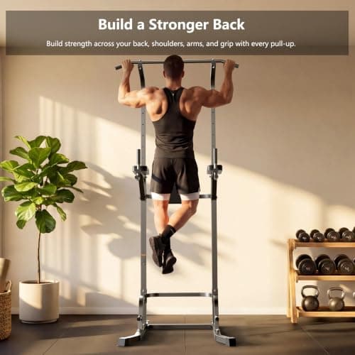 Power Tower Pull Up Dip Station with Stable Splayed H-Shaped Base, 440 lbs Capacity, Adjustable Height - Thumbnail 2