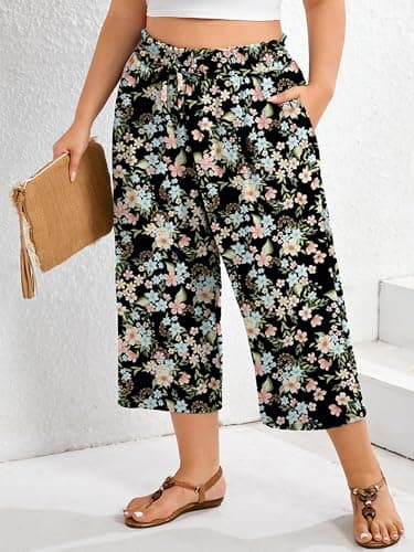 AusLook Plus Size Capri Wide Leg Pants for Women with Pockets High Waisted Elastic Drawstring Summer Casual Flowy Boho Vacation Beach Cropped Black Ditsy Florals 3X Trousers - Thumbnail 2