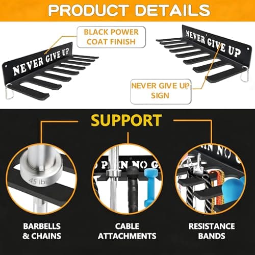 Gym Home Rack 8 Hook Heavy-Duty Wall-mounted Organizer Multi-Purpose Workout Gear Wall Hanger Storage for Resistance Bands Jump Ropes Lifting Belt Fitness Bands Barbells Carabiners Included (NEVER GIVE UP) - Thumbnail 5