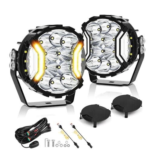 MICTUNING 5" Side Shooter Light Bar, 5Inch 180W Round Offroad Lights LED Pods 24163LM, Amber DRL & Spotlight Dual Color 270° Wider Off Road Lighting with Protective Covers, Pair