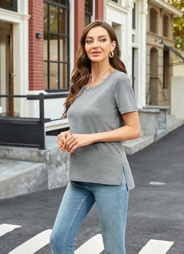 Herou High Low Tops for Women Summer Casual Short Sleeve T-Shirts Tees with Side Split Grey XX-Large - Thumbnail 2