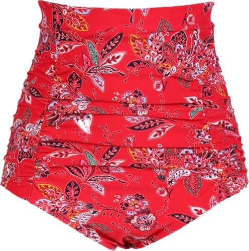 COCOPEAR Women's Ruched High Waisted Bikini Bottom Retro Vintage Swim Short Tankinis Floral 45 L - Image 1