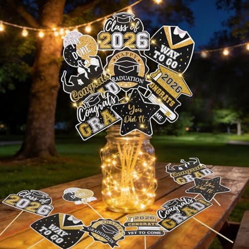 Graduation Decorations 2026 Graduation Party Decorations 32Pcs Black Gold Grad Table Centerpiece Sticks with String Lights for College High School Congrats Grad Party Decor Photo Props - Image 1