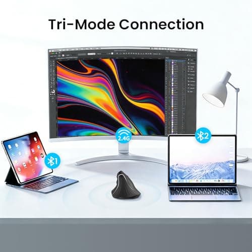 Wireless Ergonomic Vertical Mouse, Rechargeable Tri-Mode (Dual Bluetooth + 2.4G USB) Optical Mouse with Adjustable RGB Lighting, Multi-Device Control for Laptop, PC, Mac, iPad, Desktop (Dark Black) - Thumbnail 3