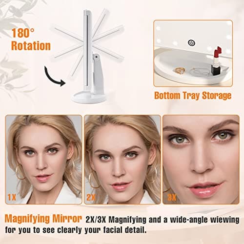 FASCINATE Trifold Vanity Mirror with Lights, Lighted Makeup Mirror 2X/3X Magnification, 21 LED Touch Dimming, Dual Power 180° Rotation Lit Beauty Table Mirror, Make up Mirror with Lighting - Thumbnail 3