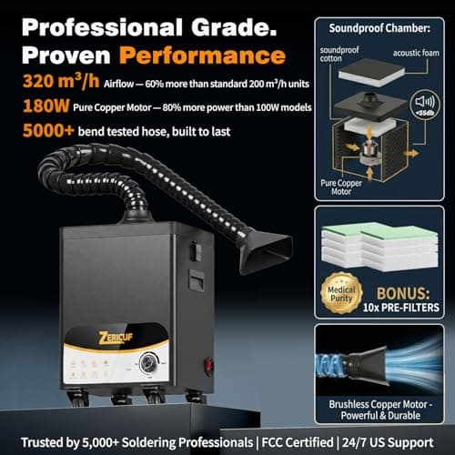 Solder Fume Extractor – 180W 320m³/h, Thickened Pre-Filters, Soundproof Low-Noise Chamber, Exclusive Downward Exhaust, H13 HEPA & High-Iodine Carbon, Smoke Absorber for Soldering, Laser, 3D Printer - Thumbnail 2