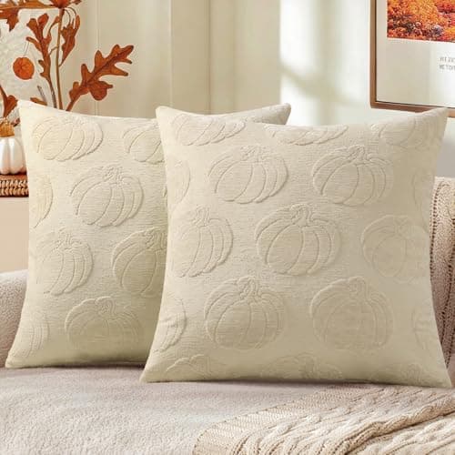 decorUhome Decorative Beige Pumpkin Thanksgiving Throw Pillow Covers 18x18 Set of 2, Soft Chenille Jacquard Farmhouse Textured Pillow Covers for Couch Bed Sofa Autumn Harvest Halloween Holiday - Image 1