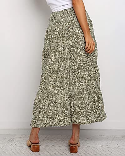 BTFBM Women 2026 Spring Summer Long Skirts Dress Boho Floral Elastic Waist Split Ruffle High Low Beach Maxi Skirt Clothes(Green, Medium) - Thumbnail 4