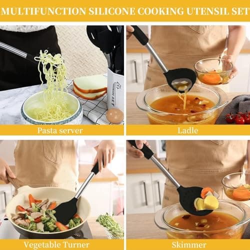 Silicone Kitchen Cooking Utensils Set with Stainless Steel Handle, Spatula Set Utensil Set, Cooking Utensil Set,Kitchen Tools Gadgets for Nonstick Cookware (35, Black) - Thumbnail 2