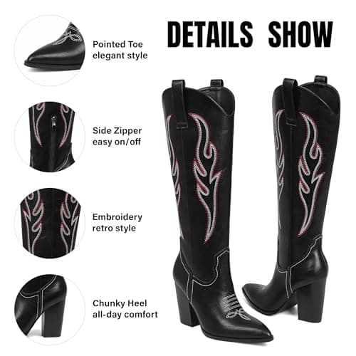 Celbreez Cowboy Boots for Women Black Cowgirl Boots with Embroidered Knee High Cowboy Boot Women Pointed Toe Side Zipper Western Boot Leather Wide Calf Chunky Heel Country Shoes - Thumbnail 6