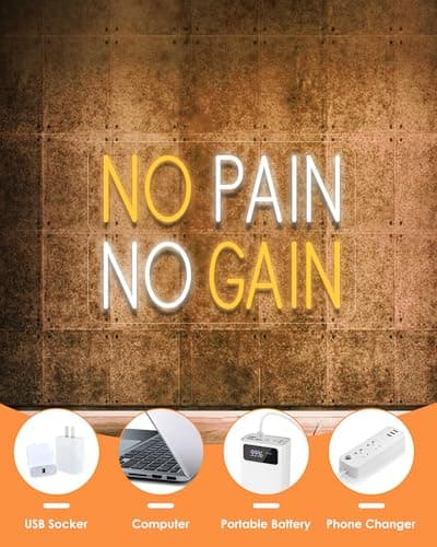 NO PAIN NO GAIN, Neon Sign for Wall Decor, LED Neon Lights Home Gym Decor, USB Powered Switch LED Signs, Motivational Wall Art for Man Cave, Office, Dorm, Yellow - Thumbnail 6