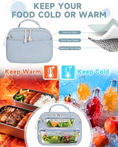 Neverwhy Lunch Box for Women Cute Corduroy Insulated Lunch Bag for Kids Stylish Reusable Lunchbox Large Capacity Snack Bag Cooler for Work, School, Travel, Picnic, Blue - Thumbnail 2