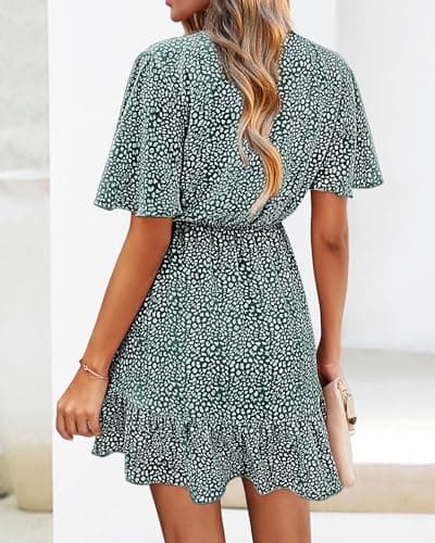 KIRUNDO Womens Summer Dresses 2026 Casual Spring Short Sleeve V Neck Ruffle Floral Print High Waist Belted Flowy Mini Dress(Dark Green, Small) - Thumbnail 2