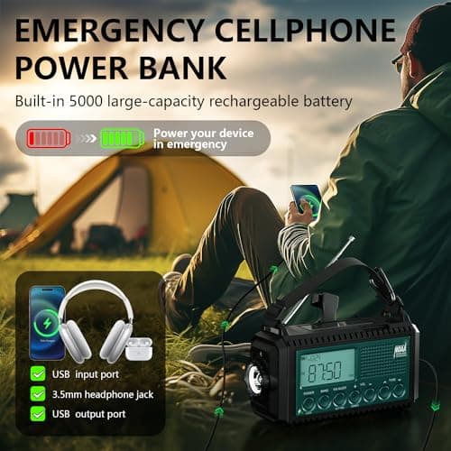 NOAA Emergency Weather Radio with Auto Alerts, 5000mAh Solar Hand Crank AM/FM/SW Shortwave Radio with Flashlight, Reading Lamp, Phone Charger, SOS Alarm, Survival Gear, Time Clock & Large LCD Display - Thumbnail 4