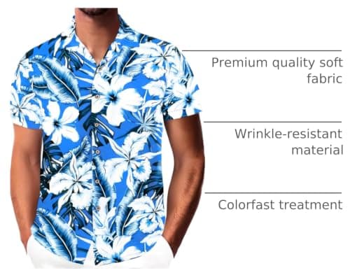 Damipow Hawaiian Shirt for Men Short Sleeve Beach Vacation Shirt Floral Summer Casual Button Down Shirts,Blue Flower,5XL - Thumbnail 4