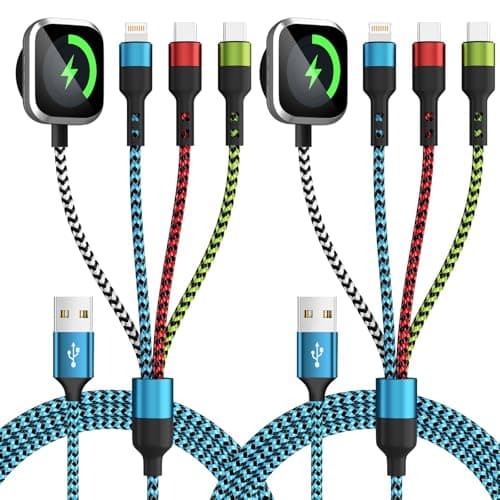 Jogrytece Dual USB C Port 4 in 1 Multi Charging Cable for iWatch Charger/Type C Charger/IP Port,Travel Chargers for Multiple Devices, Portable Designed for iWatch &iPhone 17-12 5FT