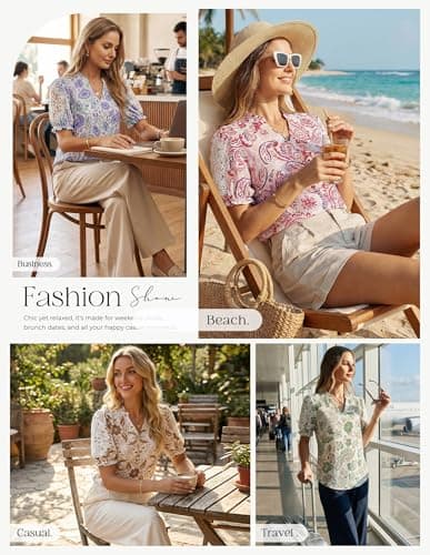 GRACE KARIN Women Boho Floral Tops, Summer Short Sleeve Shirts, V Neck Dressy Casual Blouse Work Printed 2026 Spring Trendy Beige Red Small - Thumbnail 6