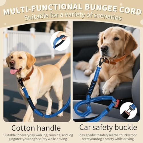Heavy Duty Tactical Bungee Dog Leash, 4-6FT Shock Absorbing Tactical Dog Leash with 2 Padded Handles, Metal Carabiner Clip,Car Seatbelt, Reflective Dog Leashs for Medium Large Dogs (Blue) - Thumbnail 6