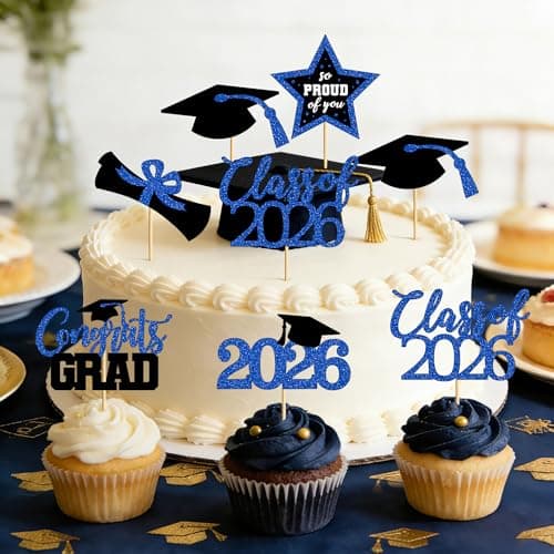 48 PCS Grad Cupcake Toppers, 6 Styles Graduation Cake Topper, Congrats Graduation Decorations 2026, Glittery Black and Blue Cap and Diploma Cake Picks for Grad Decor Party Supplies - Thumbnail 4