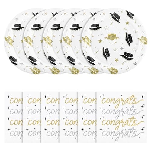 NatNarr 2026 Graduation Plates and Napkins, 50 Pcs Black and Gold Graduation Decorations with 7 Inch Grad Dessert Cake Plates，6.5 Inch Napkins for Class of 2026 Kindergarten Middle High College School