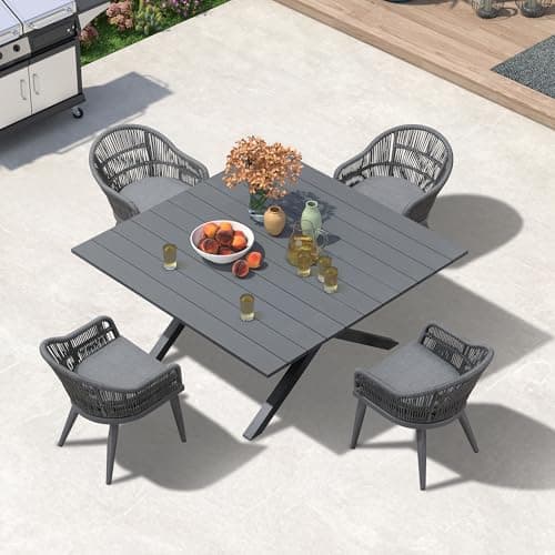 PURPLE LEAF 5 Pieces Oversized Square Patio Dining Set with Outdoor Aluminium Dining Table and Woven Chairs Modern Metal Furniture Cushions Sets for Garden Yard Indoor Decor Kitchen Gray - Image 1