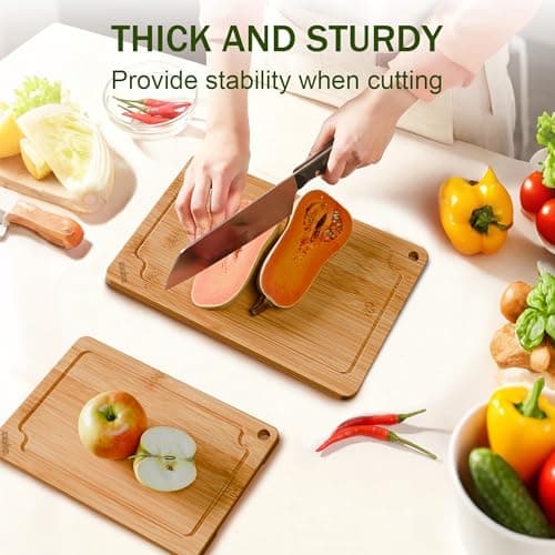 Bamboo Cutting Boards for Kitchen, 2-Piece Wood Cutting Board Set with Juice Grooves & Built-in Handles, Easy Storage & Clean Chopping Board for Meat, Vegetables, Fruit - Thumbnail 2