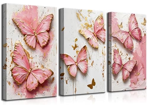 RAQXZHSW 3Pcs Pink Gold Butterfly Canvas Wall Art 16x24Inch