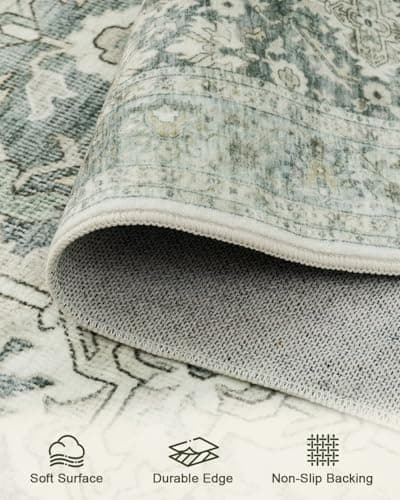 HOMFINE 8x10 Area Rugs for Living Room - Washable Area Rug Non-Slip Carpets, Low Pile Floral Vintage Print Pattern Rug Carpet Stain Resistant for Bedroom Dining Room Home Decor Office, Green - Thumbnail 2