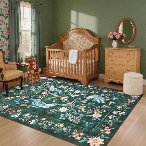 GarveeHome 5x7 Area Rug Dark Green Washable Rugs for Living Room Bedroom, Soft Low Pile Non Slip Accent Floor Mat Floral Peacock Animal Print Throw Rug Indoor Carpet Dining Room Playroom - Thumbnail 3