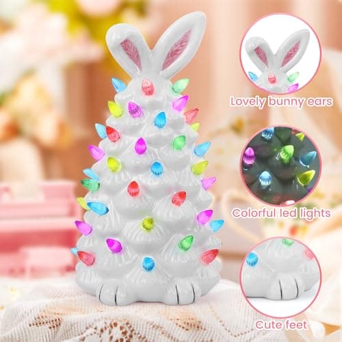 GARKALY Light up Easter Bunny Decor Glowing Tree, Cute Ceramic Tree Bunny Decorations for The Home Indoor Bedroom Office Decor Tabletop, Easter Night Light for Kids Gifts (White) - Thumbnail 2