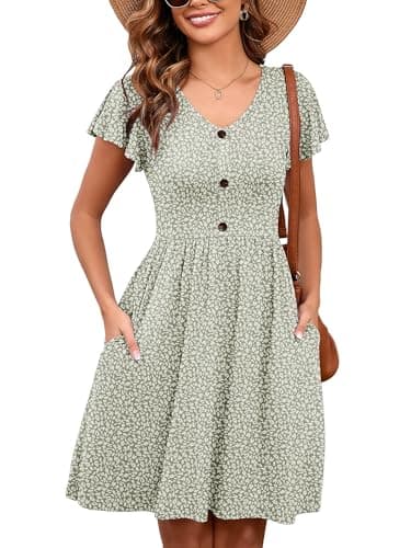 Heymoments Women Summer Dress Spots Large Ruffle Sleeve V Neck Casual Cute Loose Sundress Comfy Swing Button Down Midi Work Flowy Tunic Ladies Beach Vacation Teacher Dresses - Image 1