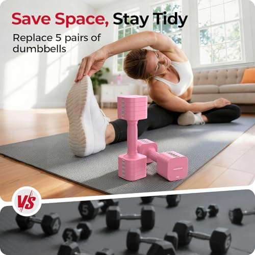FEIERDUN 5-in-1 Adjustable Dumbbell Set of 2, 12LBS/6LBS Hand Weights for Women, 1s-Adjust Dual-Stable Dumbbell Set for Women Home Gym & Outdoor, Pink - Thumbnail 6