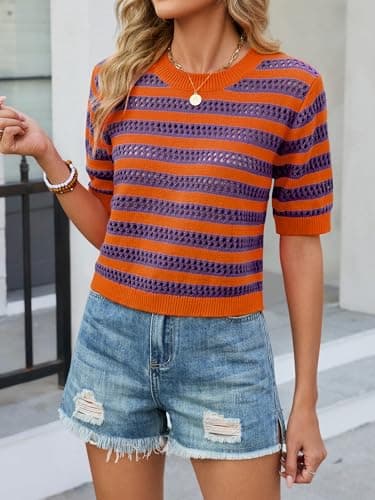 Bellcoco Crochet Tops for Women Spring Summer Short Sleeve Pullover Sweaters Crop Top Vacation Outfits Beach Cover Ups Cute Hollow Out Fashion Clothes Purple Orange Large - Thumbnail 3
