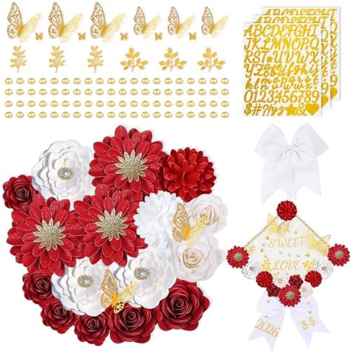 Mverse Cap Decorations for Graduation 2026 - Red Paper Flowers & Gold Butterflies for Grad Cap Topper - DIY Flower Stickers, Glitter Letters & Pearls for Crafts & Shadow Box - 58-Piece Kit